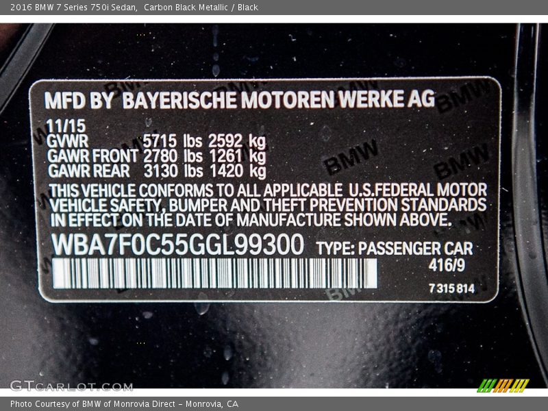 2016 7 Series 750i Sedan Carbon Black Metallic Color Code 416