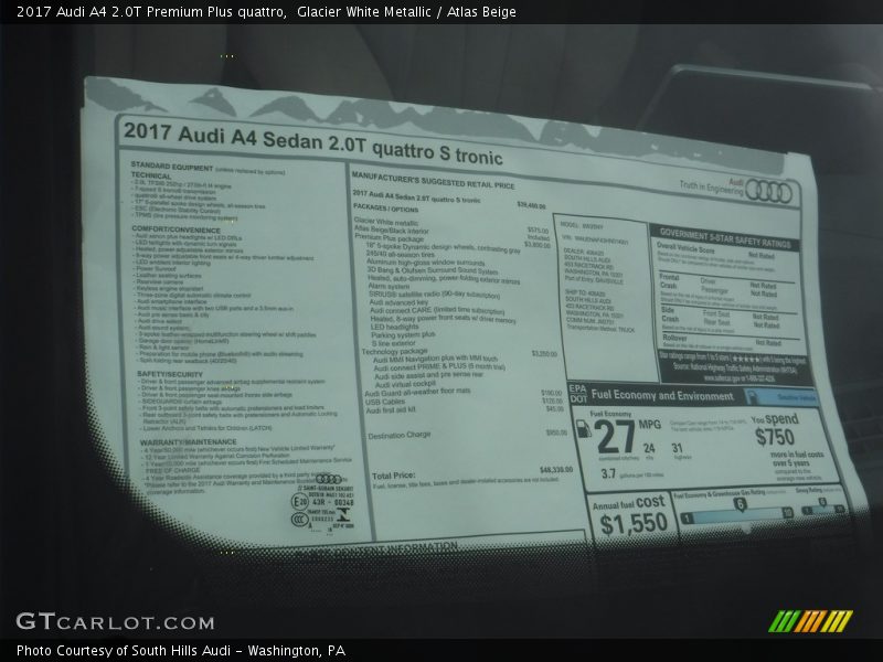  2017 A4 2.0T Premium Plus quattro Window Sticker