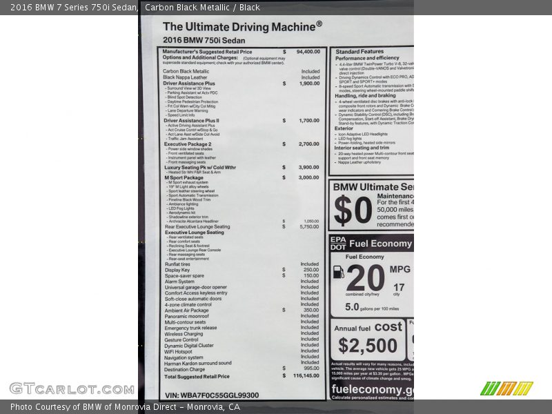 Carbon Black Metallic / Black 2016 BMW 7 Series 750i Sedan