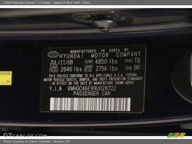 Sapphire Blue Pearl / Black 2009 Hyundai Genesis 3.8 Sedan