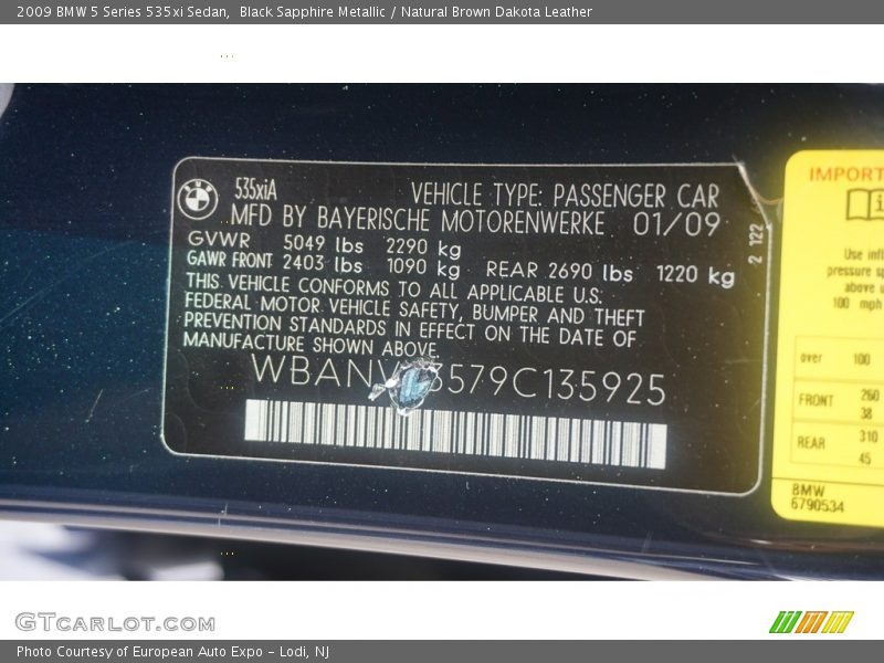 Black Sapphire Metallic / Natural Brown Dakota Leather 2009 BMW 5 Series 535xi Sedan