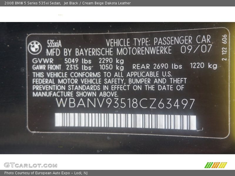 Jet Black / Cream Beige Dakota Leather 2008 BMW 5 Series 535xi Sedan