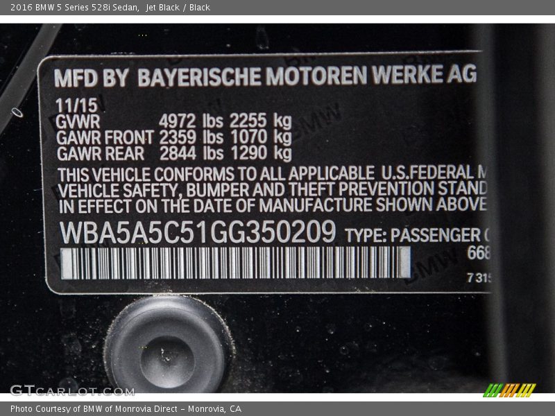 Jet Black / Black 2016 BMW 5 Series 528i Sedan