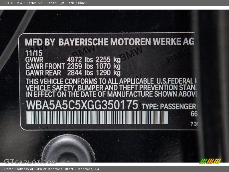 Jet Black / Black 2016 BMW 5 Series 528i Sedan