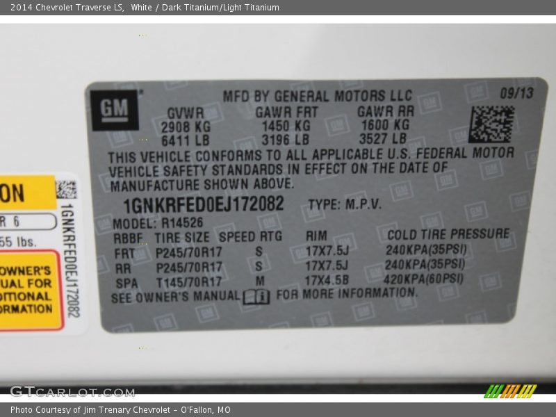 White / Dark Titanium/Light Titanium 2014 Chevrolet Traverse LS