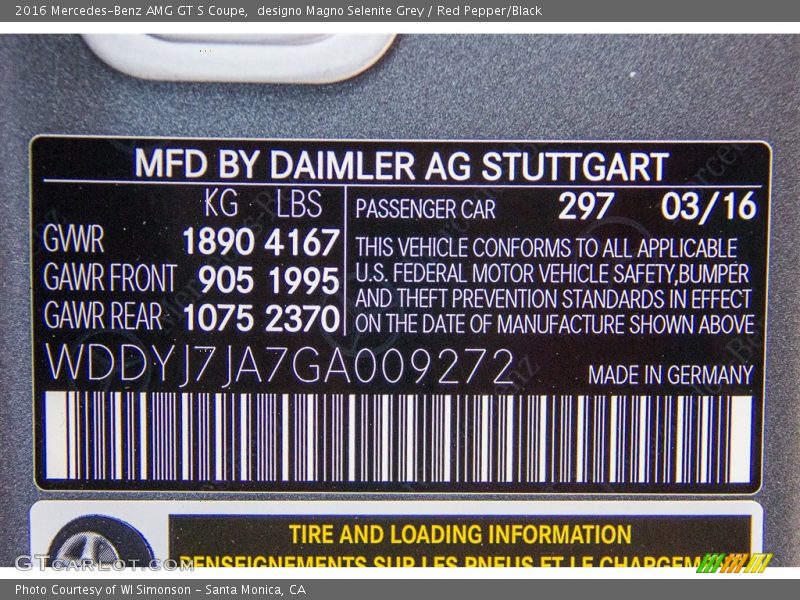2016 AMG GT S Coupe designo Magno Selenite Grey Color Code 297