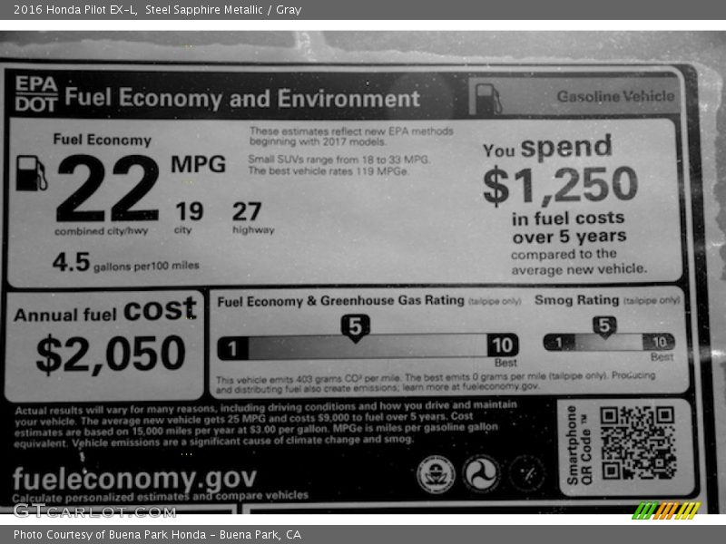 Steel Sapphire Metallic / Gray 2016 Honda Pilot EX-L