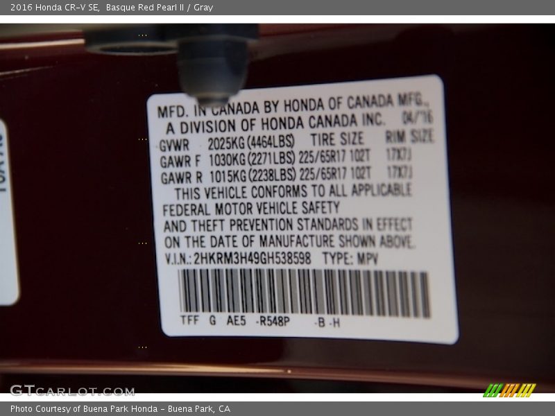 Basque Red Pearl II / Gray 2016 Honda CR-V SE