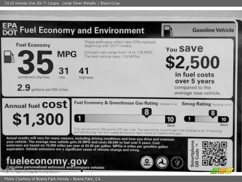 Lunar Silver Metallic / Black/Gray 2016 Honda Civic EX-T Coupe