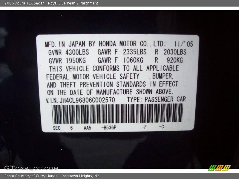 2006 TSX Sedan Royal Blue Pearl Color Code B536P