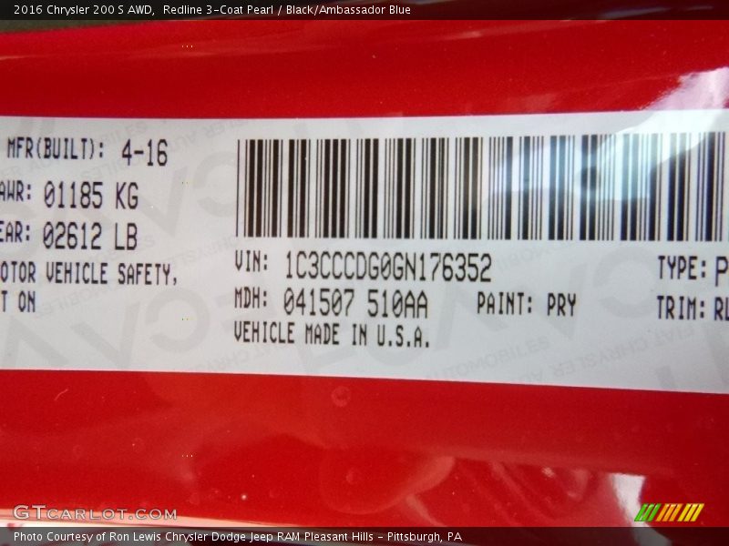 2016 200 S AWD Redline 3-Coat Pearl Color Code PRY