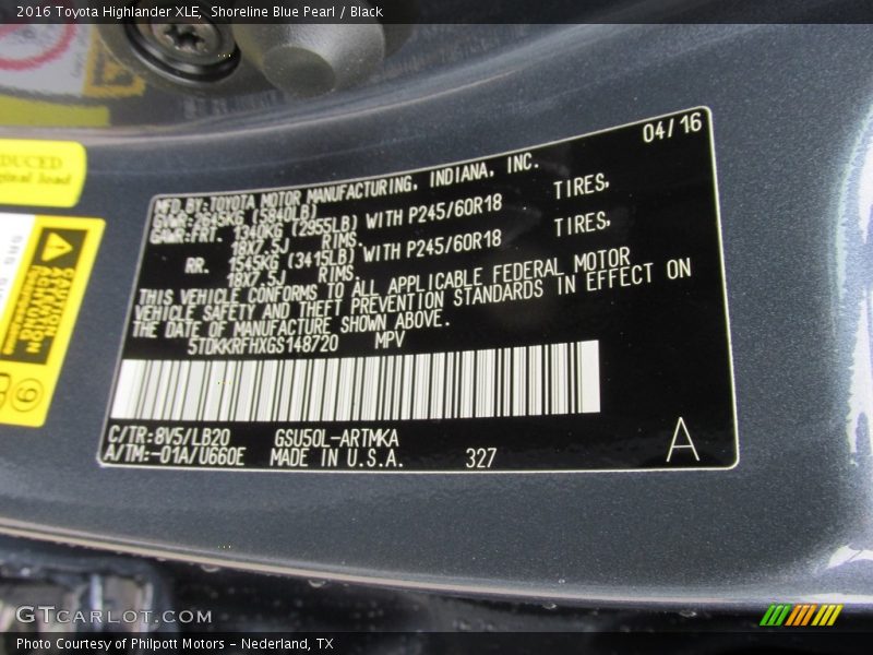 Shoreline Blue Pearl / Black 2016 Toyota Highlander XLE