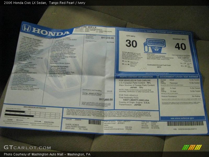 Tango Red Pearl / Ivory 2006 Honda Civic LX Sedan