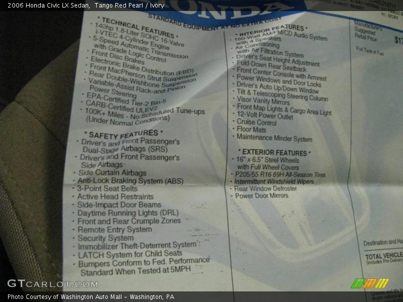 Tango Red Pearl / Ivory 2006 Honda Civic LX Sedan