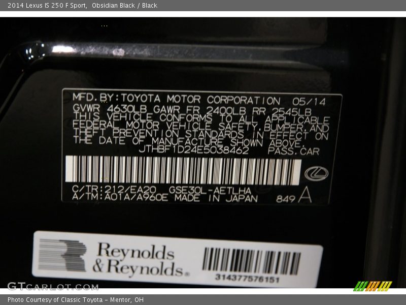 Obsidian Black / Black 2014 Lexus IS 250 F Sport