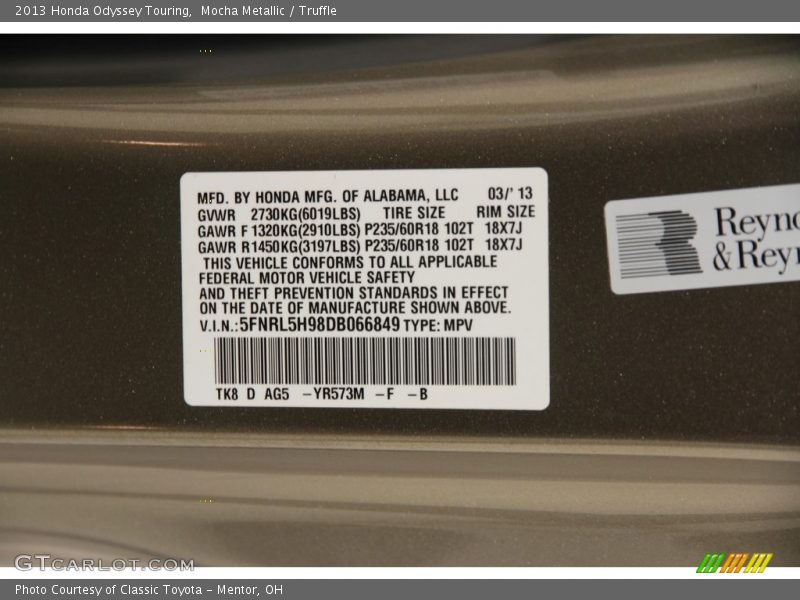 Mocha Metallic / Truffle 2013 Honda Odyssey Touring