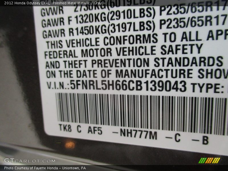 Polished Metal Metallic / Gray 2012 Honda Odyssey EX-L