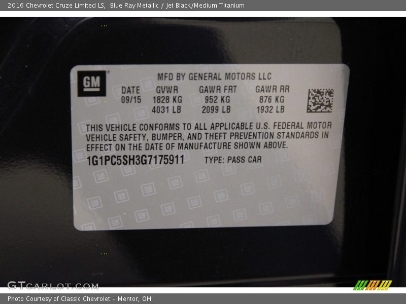 Blue Ray Metallic / Jet Black/Medium Titanium 2016 Chevrolet Cruze Limited LS