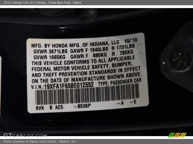 Royal Blue Pearl / Black 2011 Honda Civic LX-S Sedan
