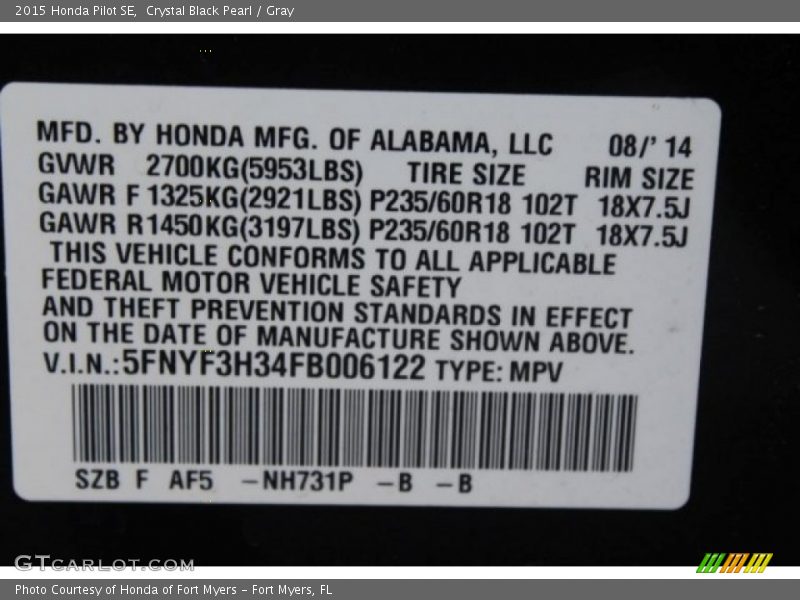 Crystal Black Pearl / Gray 2015 Honda Pilot SE
