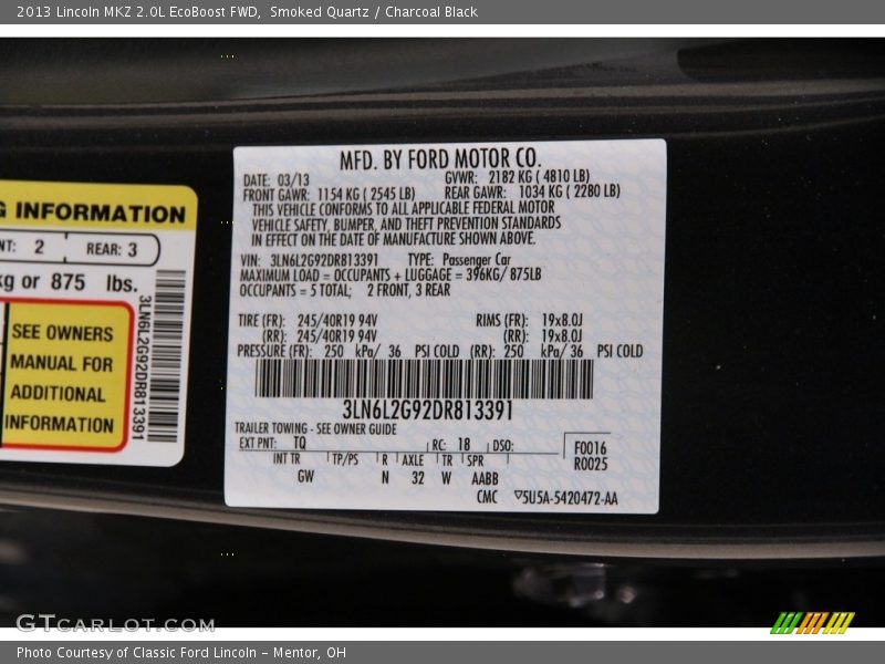 Smoked Quartz / Charcoal Black 2013 Lincoln MKZ 2.0L EcoBoost FWD