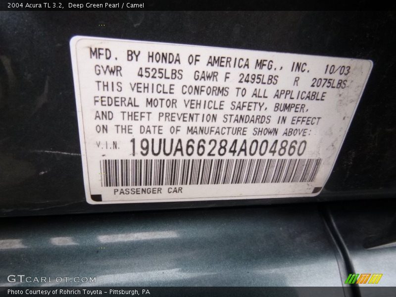 Deep Green Pearl / Camel 2004 Acura TL 3.2