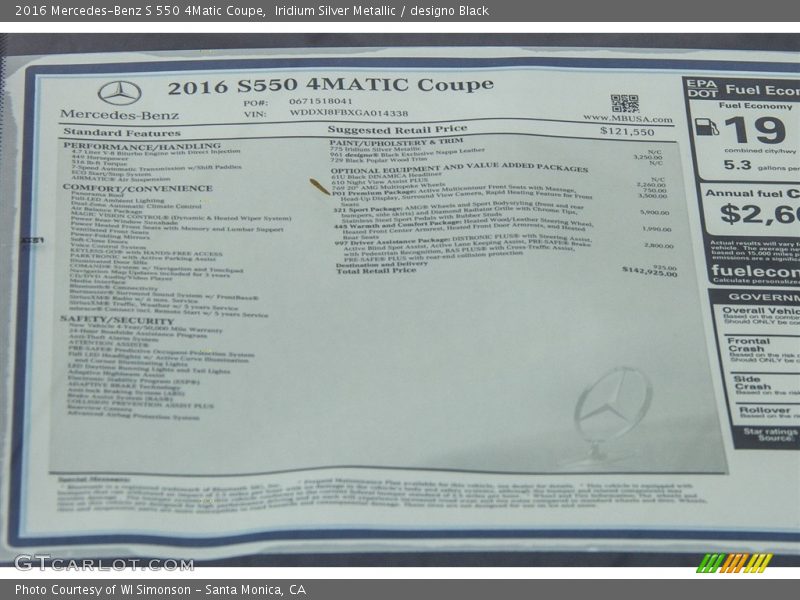  2016 S 550 4Matic Coupe Window Sticker