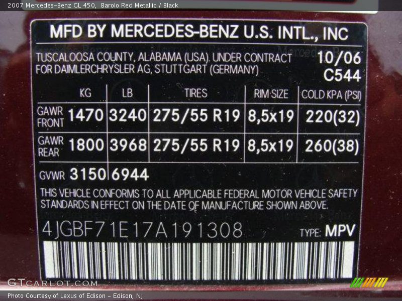 Barolo Red Metallic / Black 2007 Mercedes-Benz GL 450