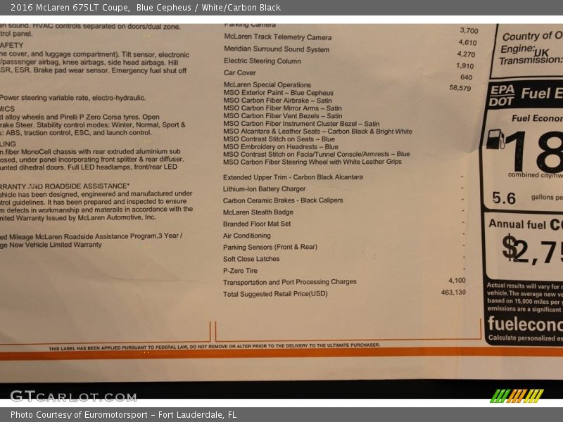  2016 675LT Coupe Window Sticker