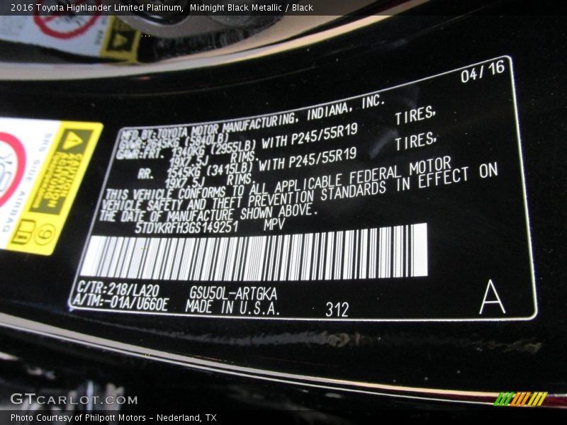 Midnight Black Metallic / Black 2016 Toyota Highlander Limited Platinum