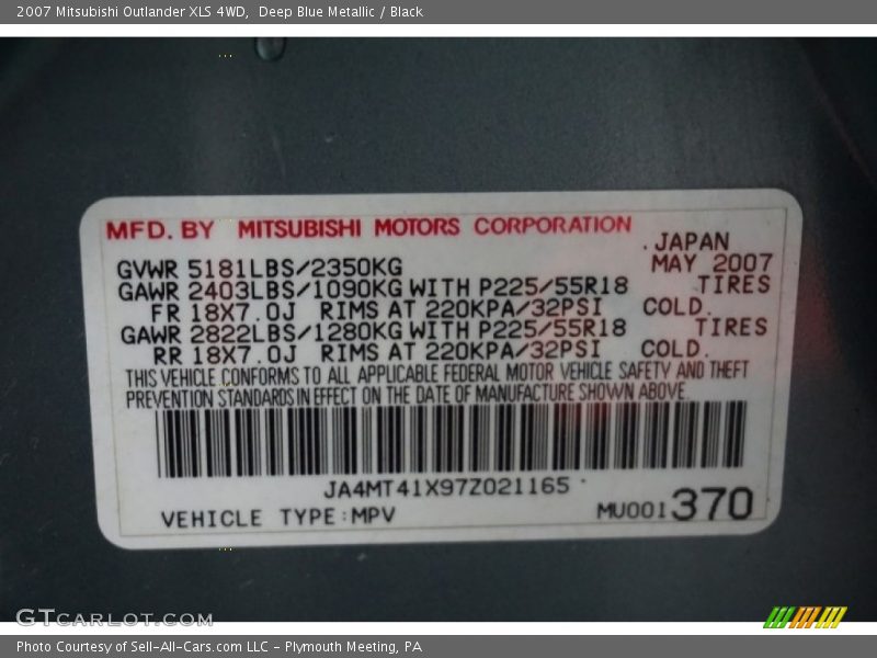 Deep Blue Metallic / Black 2007 Mitsubishi Outlander XLS 4WD