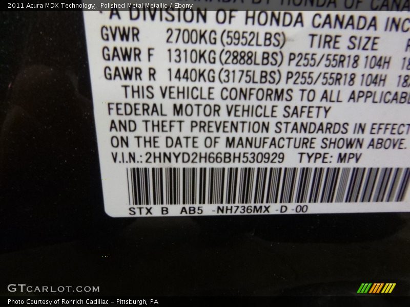 Polished Metal Metallic / Ebony 2011 Acura MDX Technology
