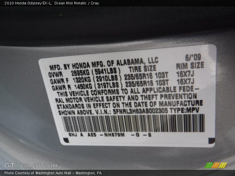 Ocean Mist Metallic / Gray 2010 Honda Odyssey EX-L