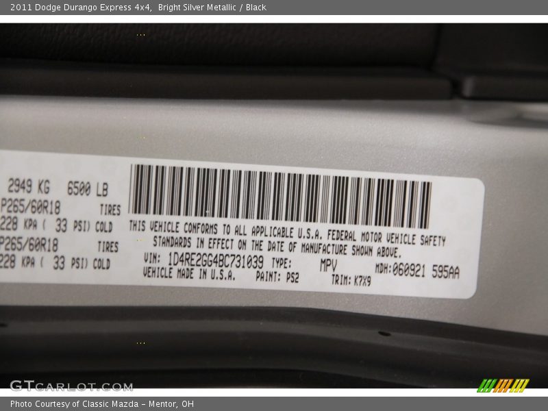 Bright Silver Metallic / Black 2011 Dodge Durango Express 4x4