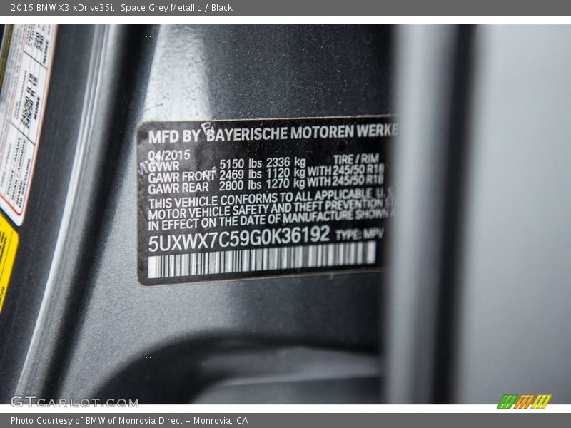 Space Grey Metallic / Black 2016 BMW X3 xDrive35i