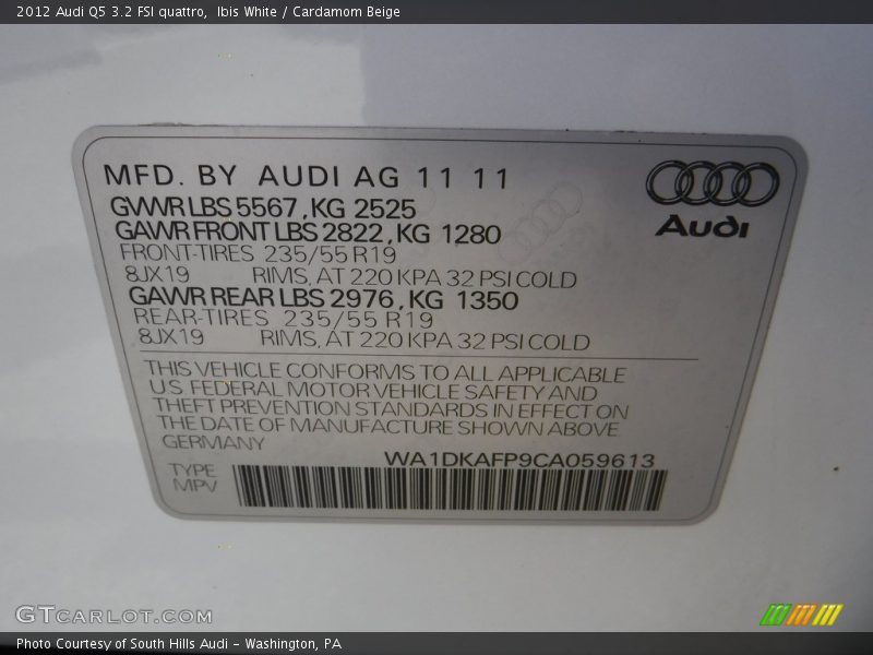 Ibis White / Cardamom Beige 2012 Audi Q5 3.2 FSI quattro