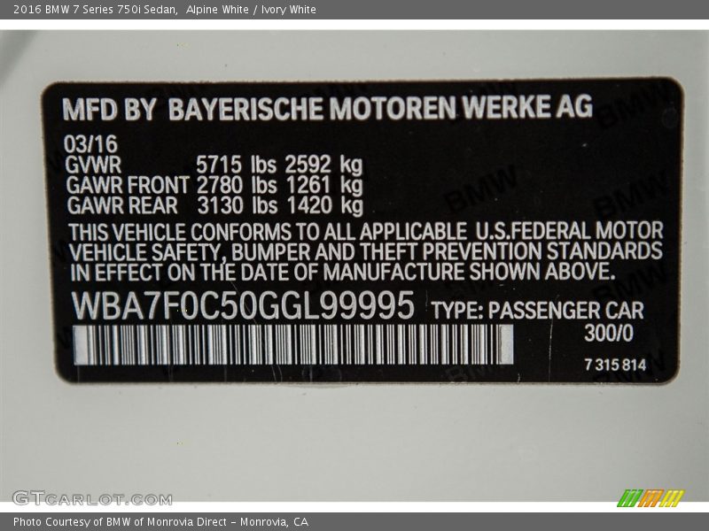 300 - 2016 BMW 7 Series 750i Sedan
