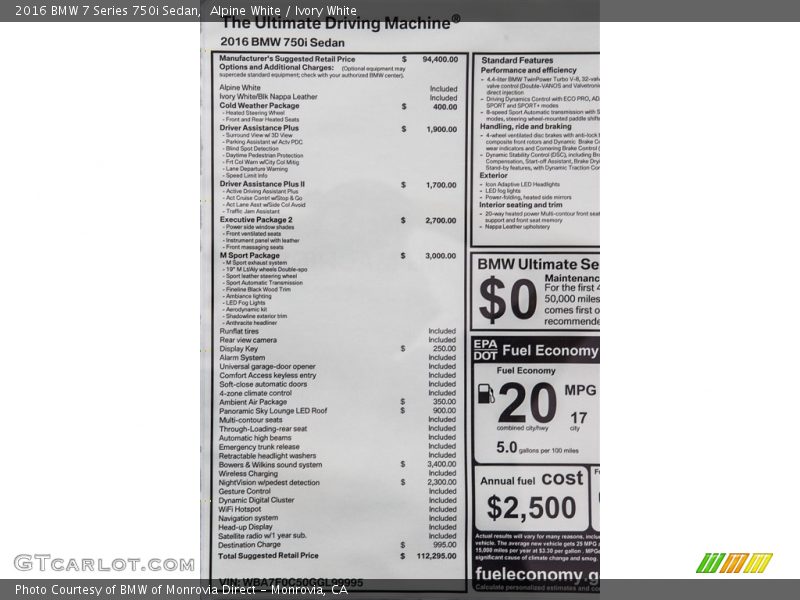  2016 7 Series 750i Sedan Window Sticker