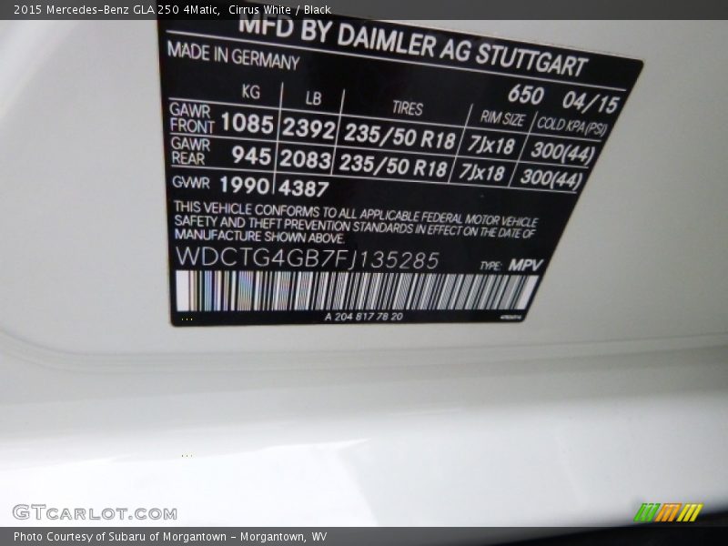 Cirrus White / Black 2015 Mercedes-Benz GLA 250 4Matic