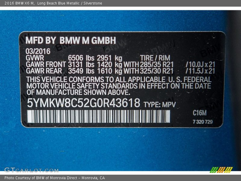 2016 X6 M  Long Beach Blue Metallic Color Code C16