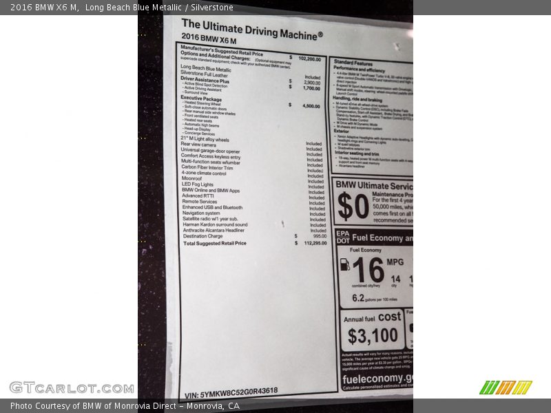  2016 X6 M  Window Sticker