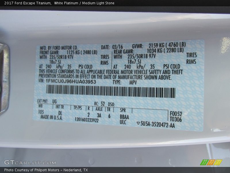 2017 Escape Titanium White Platinum Color Code UG