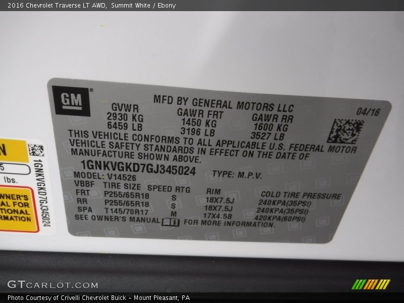 Summit White / Ebony 2016 Chevrolet Traverse LT AWD