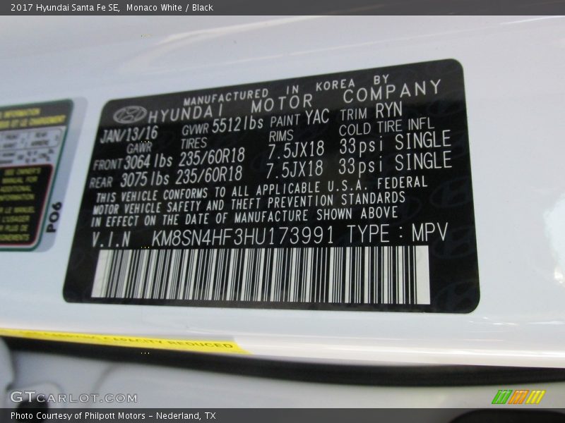Monaco White / Black 2017 Hyundai Santa Fe SE