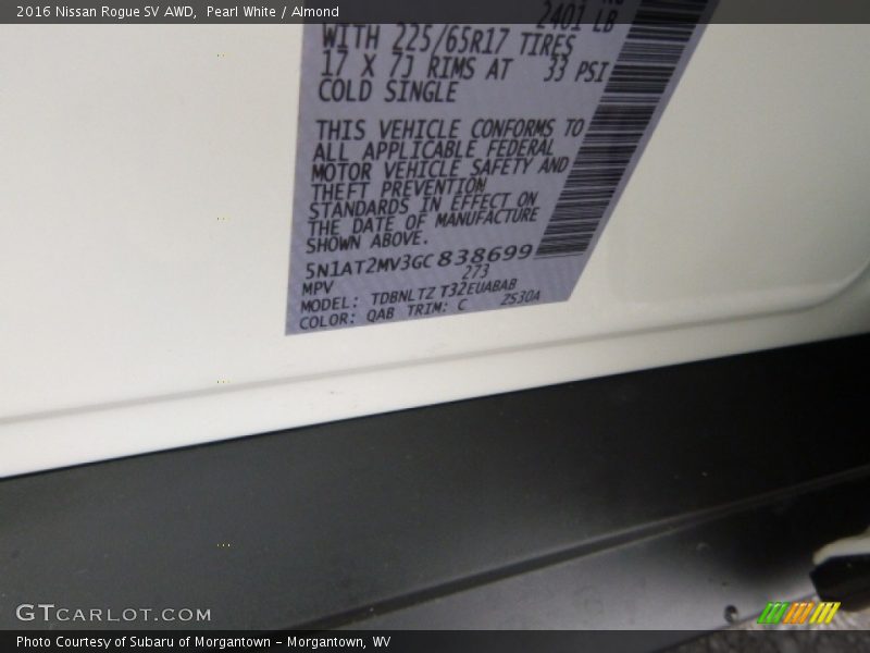 Pearl White / Almond 2016 Nissan Rogue SV AWD