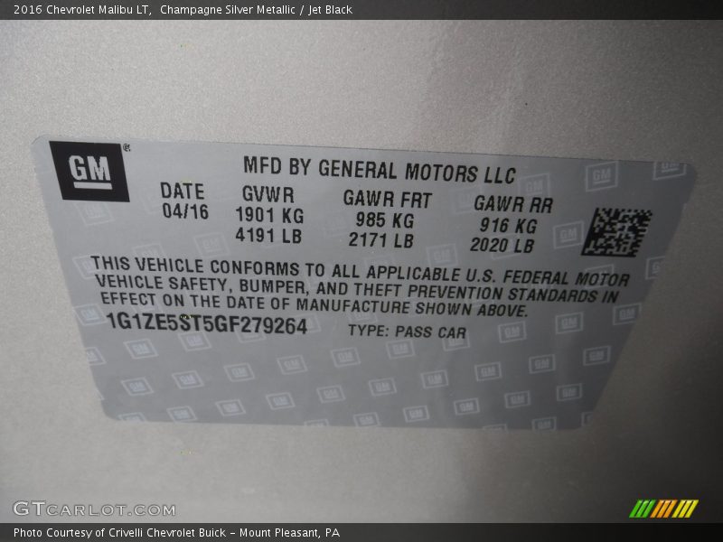 Champagne Silver Metallic / Jet Black 2016 Chevrolet Malibu LT