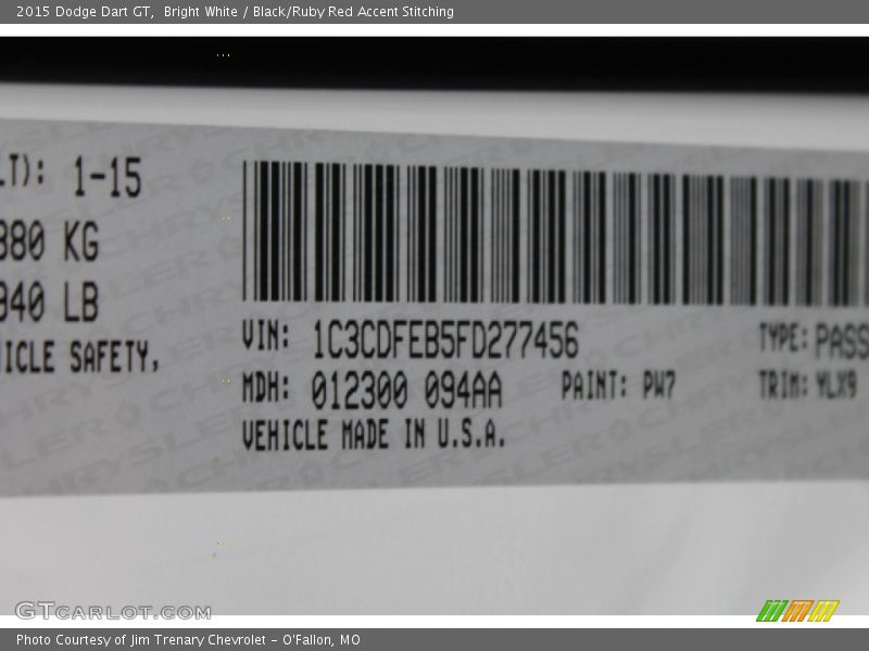 Bright White / Black/Ruby Red Accent Stitching 2015 Dodge Dart GT