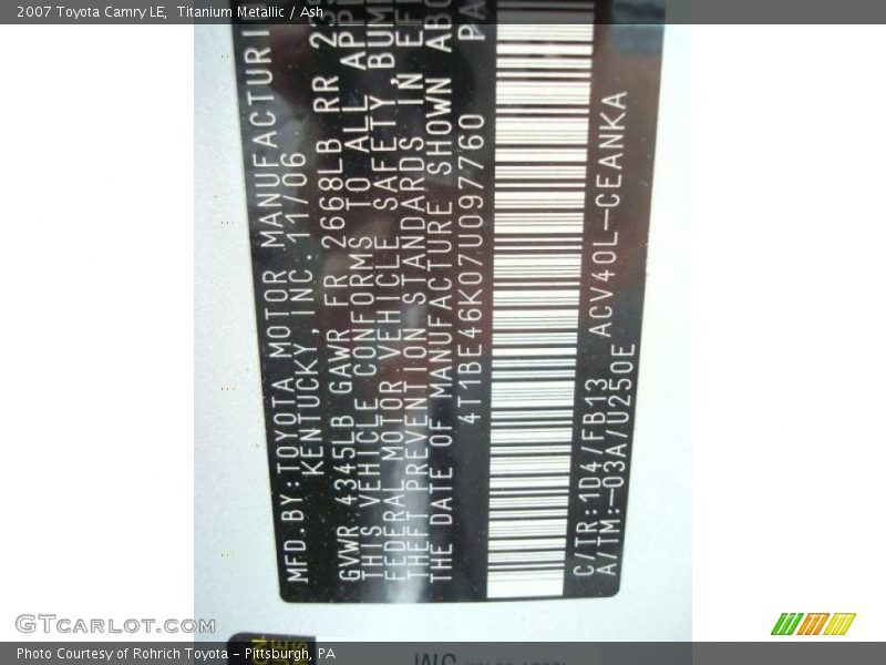 Titanium Metallic / Ash 2007 Toyota Camry LE