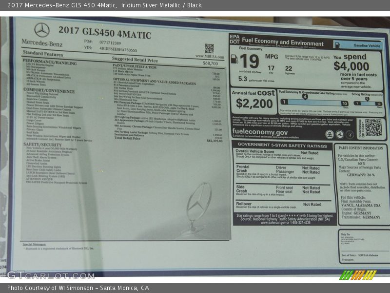  2017 GLS 450 4Matic Window Sticker