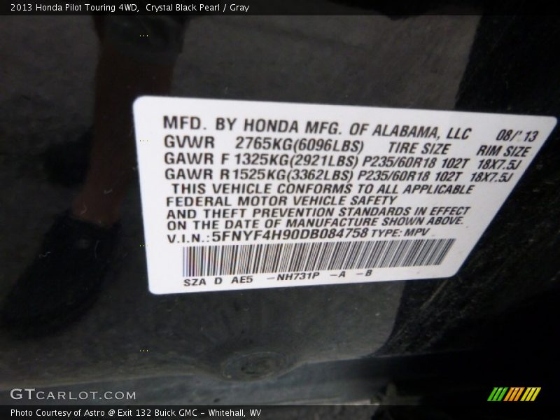 Crystal Black Pearl / Gray 2013 Honda Pilot Touring 4WD